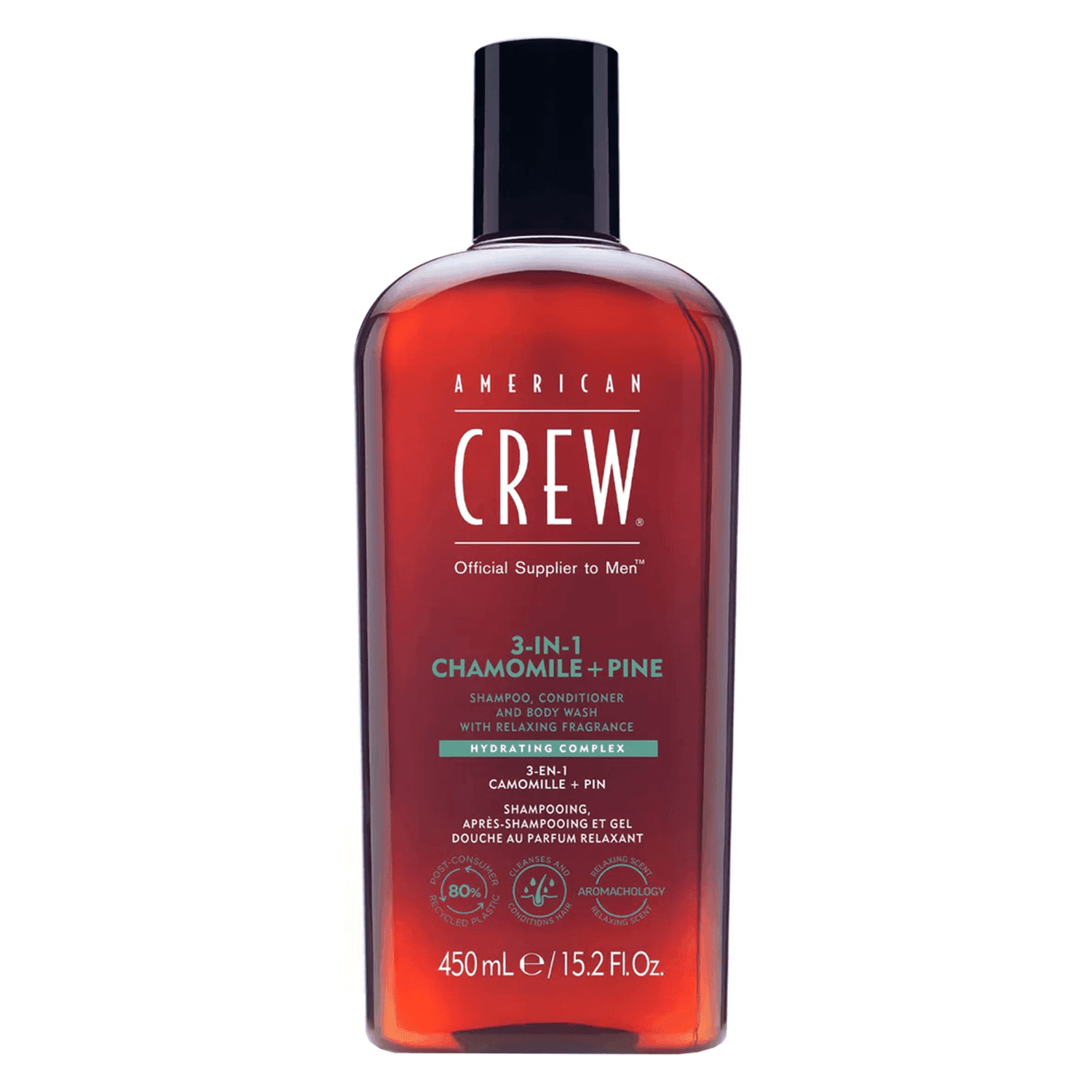 Crew Hair & Body Care - American Crew 3-En-1 Camomille et Pin, Shampooing, Après Shampooing & Gel Douche pour Cheveux et Corps, Revitalisant, hydratant et apaisan