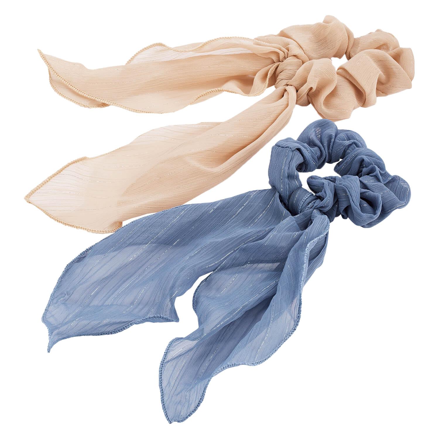 Chouchou en mousseline pailletée et long foulard, bleu & beige