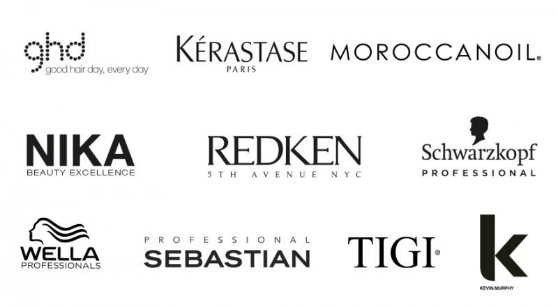 Logos de ghd, Moroccanoil, Nika, Redken, Schwarzkopf, Kérastase, Wella, Sebastian, TIGI et Kevin Murphy.