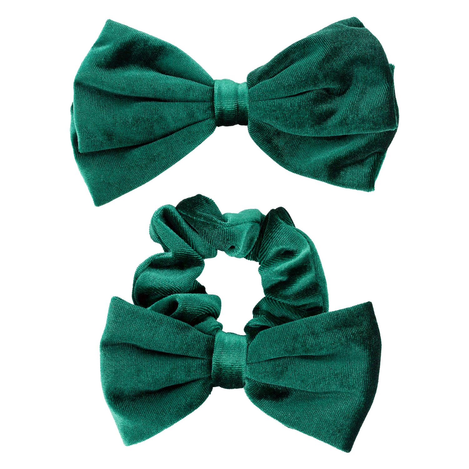 TRISA Hair - Velvet Scrunchie & Bow Hair Clip Green