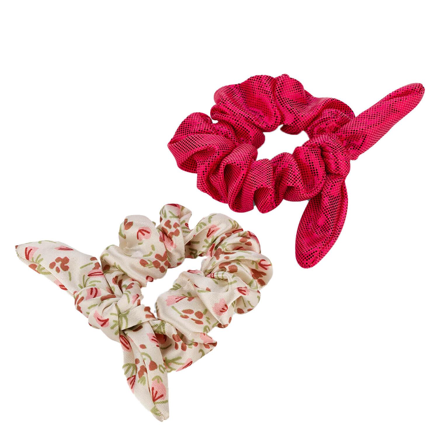 Scrunchie with ribbon for children, red & beige-fuchsia