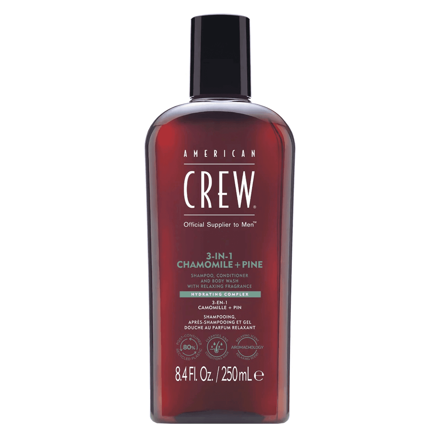 Crew Hair & Body Care - American Crew 3-En-1 Camomille et Pin, Shampooing, Après Shampooing & Gel Douche pour Cheveux et Corps, Revitalisant, hydratant et apaisan