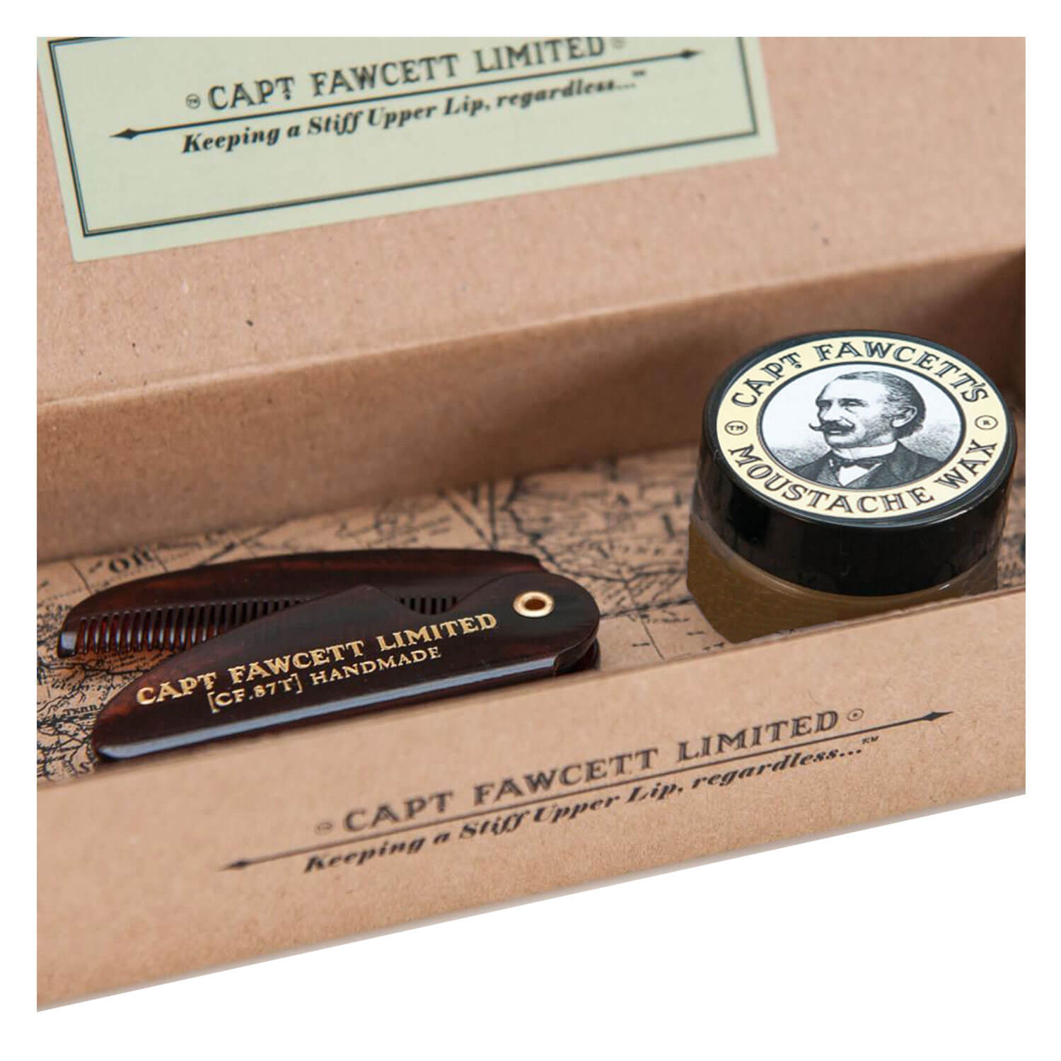 Image du produit de Capt. Fawcett Care - Sandalwood Moustache Wax & Folding Pocket Moustache Comb Kit