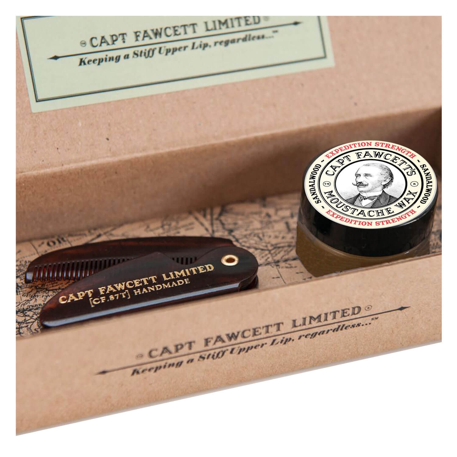 Image du produit de Capt. Fawcett Care - Expedition Strength Moustache Wax & Folding Pocket Moustache Comb Kit